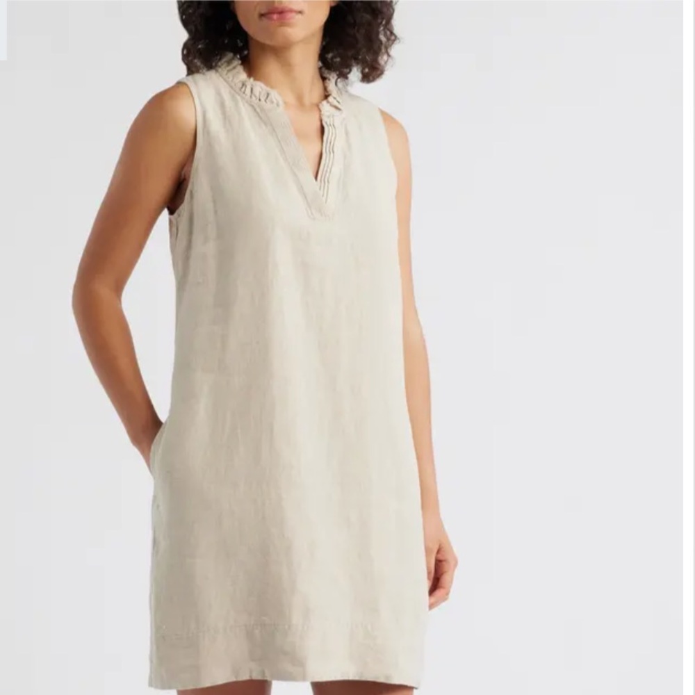 TOMMY BAHAMA Beachy 100% Linen Two Palms Ruffle V-Neck Fringe Tan/White Dress S